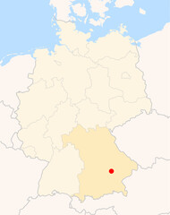 Locatormap of the city Landshut (Bayern) in Germany. The city is marked with a red dot and the Bundesland is also highlighted. No labels at all.