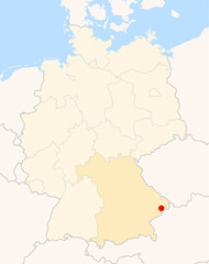 Locatormap of the city Passau (Bayern) in Germany. The city is marked with a red dot and the Bundesland is also highlighted. No labels at all.