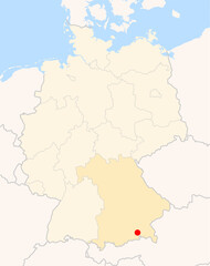 Locatormap of the city Rosenheim (Bayern) in Germany. The city is marked with a red dot and the Bundesland is also highlighted. No labels at all.