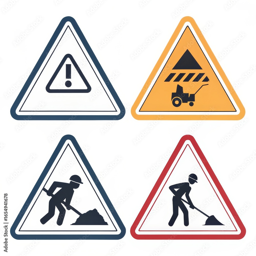 Poster four triangle warning signs with different symbols including construction and falling objects icons