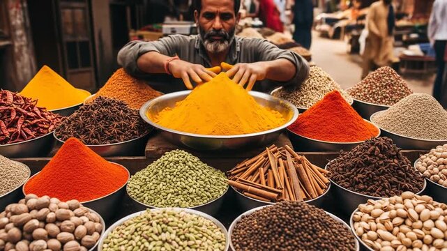 Man Arranging Colorful Spices at an Outdoor Market with Bowls of Yellow Orange Green and Brown Powders with Earth Tone Background