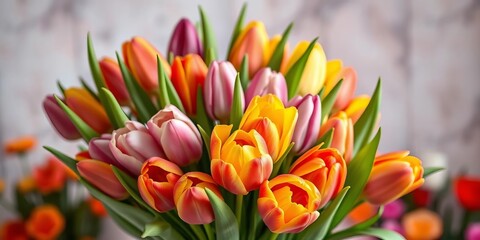 Vibrant bouquet of colorful tulips on a blurred background, spring flowers, romantic