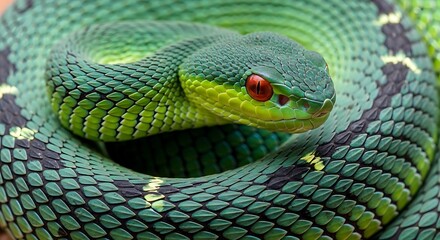 Obraz premium Vivid Emerald Serpent Coiled and Alert A Stunning Portrait of a Green Pit Viper with Captivating Red Eyes