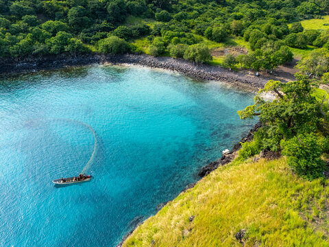 Fototapeta Sao Tome and Principe - Lagoa Azul Aerial View. Stunning Turquoise Waters and Rocky Coastline in a Tropical Island Paradise. 