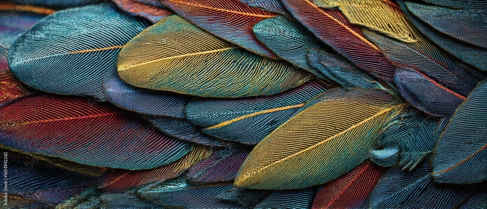 Aufkleber close-up of colorful bird feathers displaying iridescent texture and pattern in a stacked arrangemen