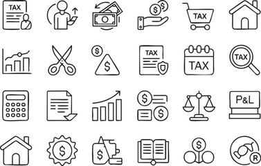 A set of black and white line art financial and business icons on a transparent background