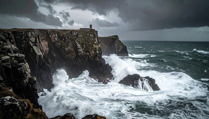 Dramatic coastal scene showcasing powerful waves crashing against a rugged cliff face under a stormy sky.