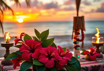Vibrant hibiscus flowers, leis, tiki torches illuminate a birthday luau setup at sunset,   scene,  summer