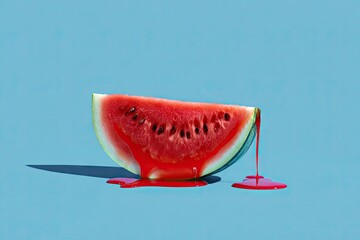 Watermelon slice dripping with juice on a vibrant blue background