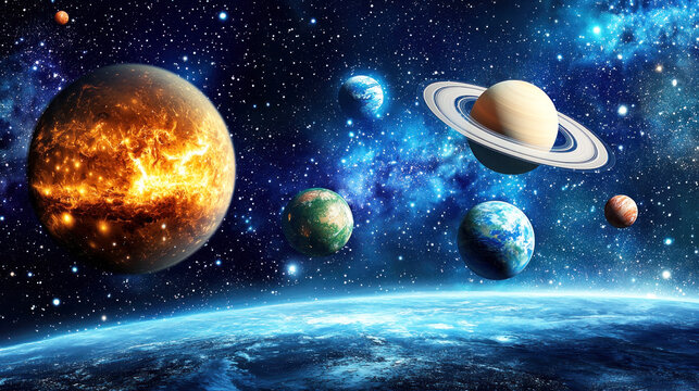 A vibrant solar system with planets, stars, and galaxies in the background. The scene is filled with celestial bodies and cosmic elements.