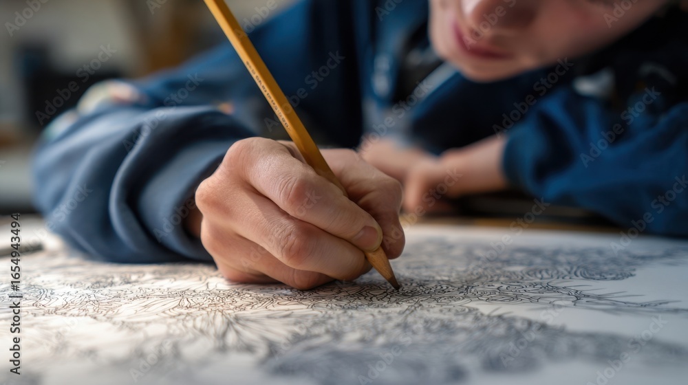 Poster young artist drawing intricate patterns on paper with a pencil, demonstrating focus and creativity w