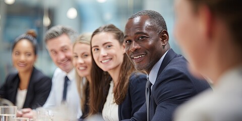 Fototapeta premium Professional Business Meeting with Diverse Group of Colleagues Engaged in Discussion and Collaboration in Modern Conference Room