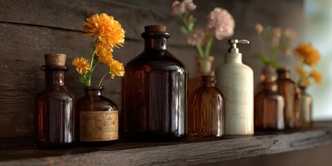 Amber Glass Bottles and White Pump Bottle on Rustic Wooden Shelf with Flowers