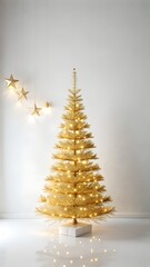 A golden christmas tree decorated with lights and stars, illuminated against a white wall, a festive holiday display