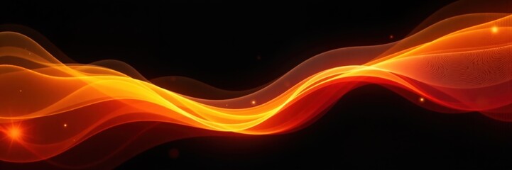 Abstract dynamic flow of warm orange and red light waves with glowing particles on a dark black background, Technology Concept.