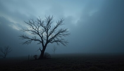 Spooky bare tree silhouette against a mysterious misty blue sky and dark field, creating an eerie ambiance. Halloween.