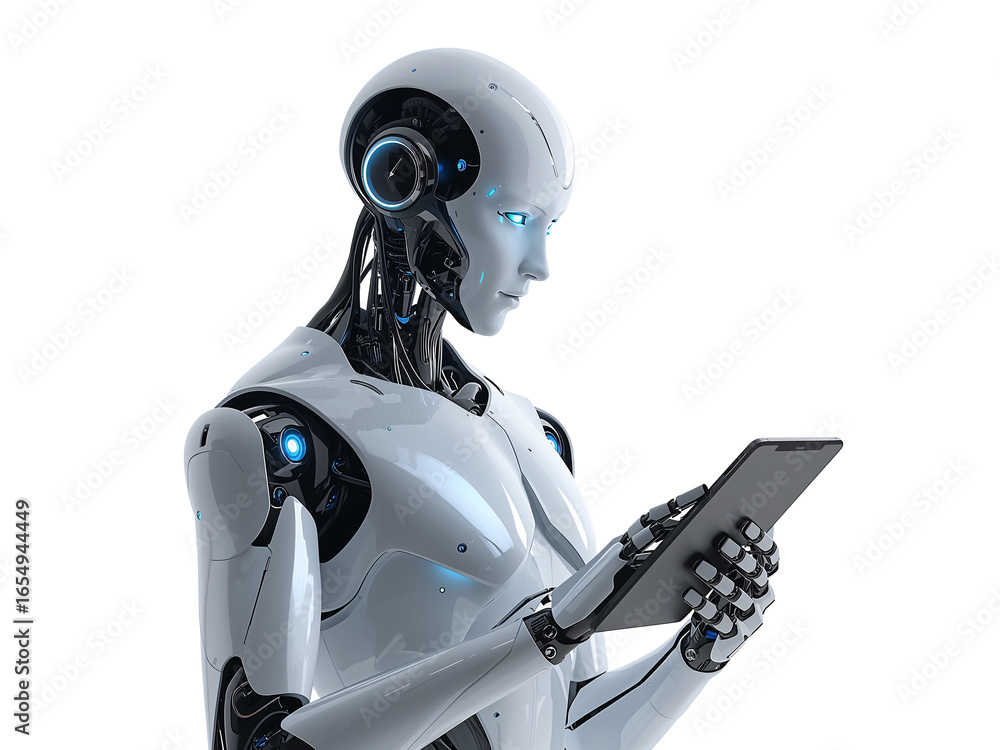 Poster futuristic humanoid robot engaging with a digital tablet on an isolated transparent background