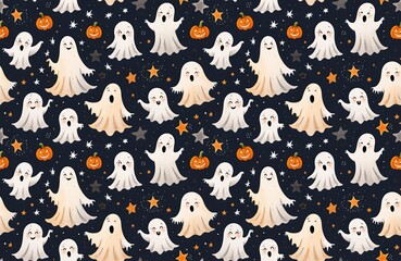 Seamless pattern of cute cartoon Halloween ghosts and pumpkins on a dark night sky with stars, Halloween background.