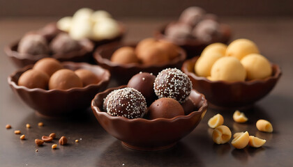 Assorted Gourmet Chocolate Truffles in Dark Chocolate Bowls, Perfect for food blogs, advertising, and articles about confectionery, created with generative ai