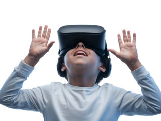 Boy immersed in virtual reality experience wearing VR headset with surprised expression