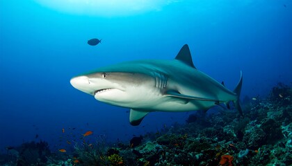 Obraz premium A gray reef shark swims majestically through a vibrant underwater coral reef environment.
