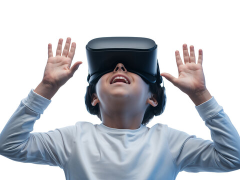 Boy immersed in virtual reality experience wearing VR headset with surprised expression