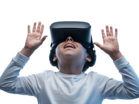 Boy immersed in virtual reality experience wearing VR headset with surprised expression