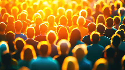 A large crowd of people, with a focus on the back of their heads, with a warm, golden light illuminating them.