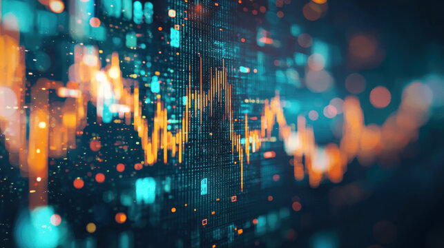 A digital, abstract representation of a stock market graph with a blue and orange color scheme.