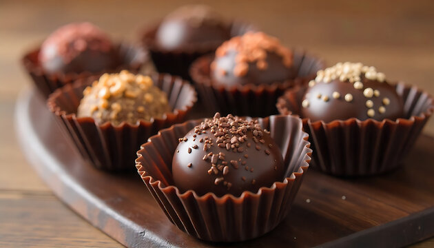 Assorted Gourmet Chocolate Truffles in Dark Chocolate Bowls, Perfect for food blogs, advertising, and articles about confectionery, created with generative ai