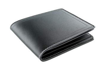 Black leather wallet, closed and angled