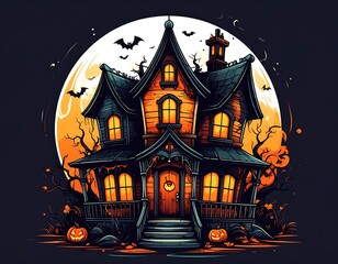 Spooky haunted house under a full moon
