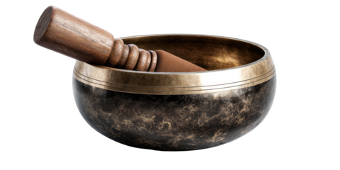 Dark, ornate singing bowl with wooden mallet