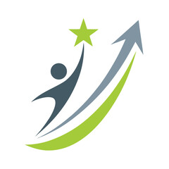 Stylized human figure reaching for green star with upward trending arrow and swoosh abstract achievement