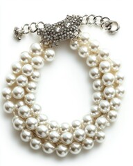 Elegant pearl necklace on white background close up studio shot of luxury jewelry for formal wear