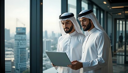Two Arab Businessmen Looking at a Laptop in a Modern Office | Finance and Technology