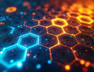 Glowing hexagonal network of futuristic technology and data