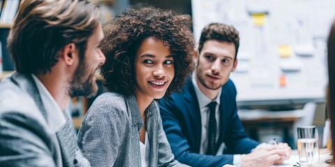 Young professionals engage in dynamic discussion during a business meeting in a modern office environment, showcasing collaboration and creativity in teamwork.
