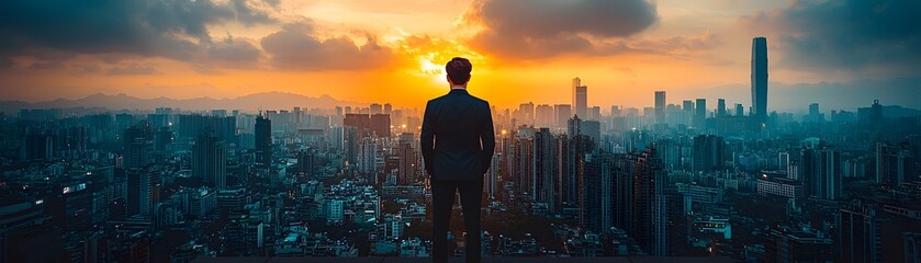 Obraz na płótnie Canvas Silhouetted CEO overlooking a vibrant city skyline at sunset