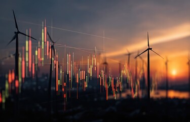 Wind turbines at dawn, overlaid with stock market charts