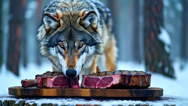 A Wolf's Delight: Close-up of a Majestic Wolf Investigating Raw Beef in Snowy Woods