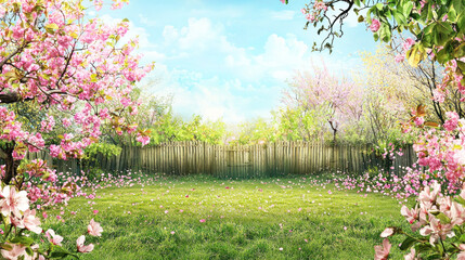 A serene garden with blooming trees and a wooden fence, set against a clear blue sky with scattered clouds.
