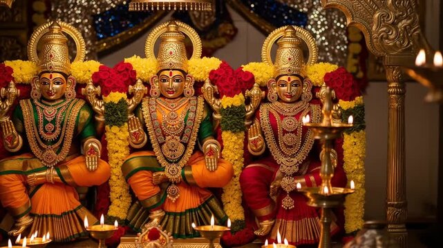 Three Golden Hindu Goddess Deities Adorned with Flowers Candles and Jewels in a Traditional Religious Setting