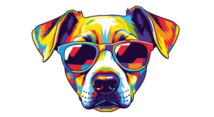 Colorful dog wearing sunglasses isolated on transparent background