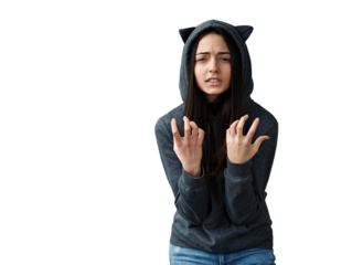 Frustrated Woman in Hoodie with Cat Ears on Transparent Background