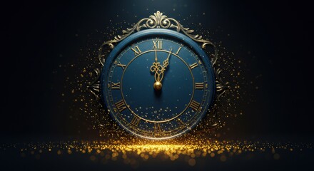 Elegant vintage clock with golden sparkles signifies approaching time and celebration