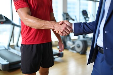 Fitness professional and client shaking hands in gym