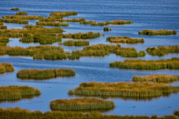 Calm waters weave through golden reeds on Lake Titicaca, guiding boats toward the floating Uros Islands — a timeless scene of life on the high Andean plateau