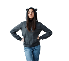 Woman in Cat Ear Hoodie with Sassy Expression