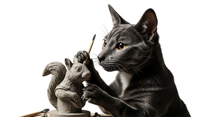 Cat sculpting a squirrel isolated on transparent background